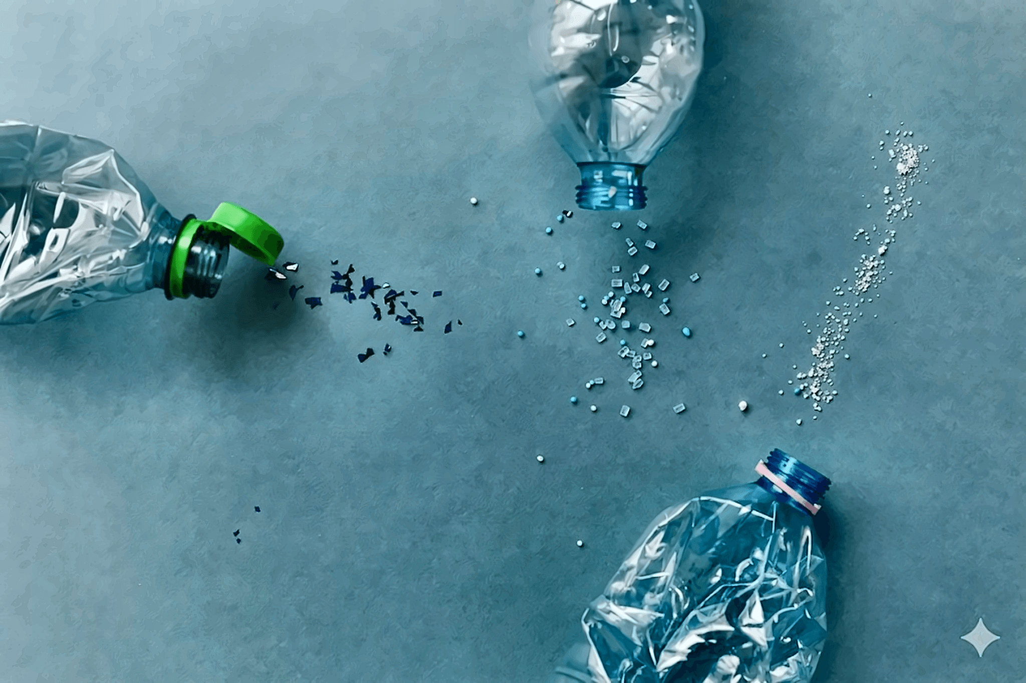 Crushed plastic bottles with polymer pellets — post-consumer recycled feedstock